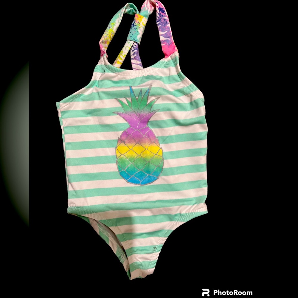Pink platinum girl 2T aqua stripe pastel pineapple one piece swimsuit.